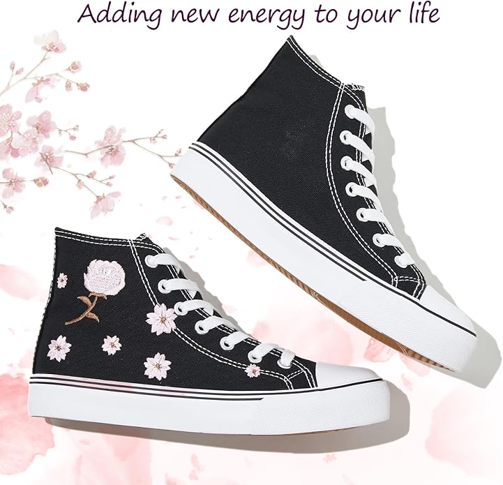 kufeiti Women’s High Top Canvas Sneakers Canvas Shoes Lace up- EMBROIDERY BLACK
