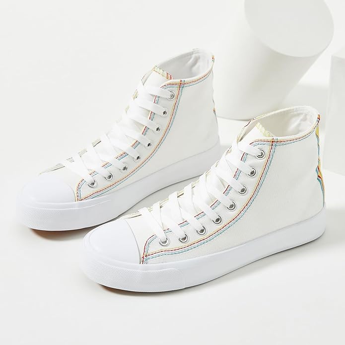 ZGR Womens Canvas Sneakers High Top Lace ups Casual Walking Shoes- WHITE