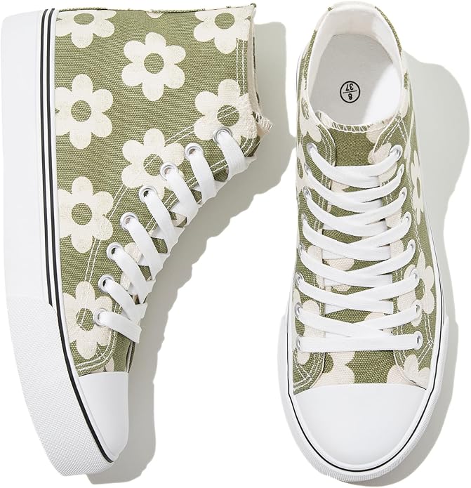 kufeiti Women’s High Top Canvas Sneakers Canvas Shoes Lace up- OLIVE LEAF
