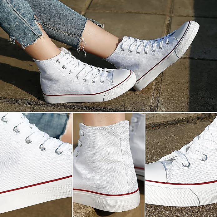 ZGR Womens Canvas Sneakers High Top Lace ups Casual Walking Shoes- White