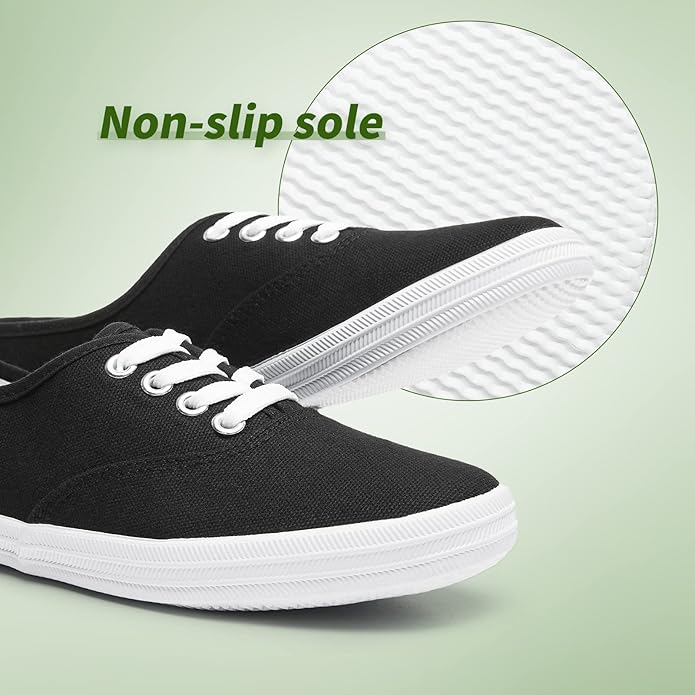 TUOPIN Womens White Canvas Sneakers- BLACK