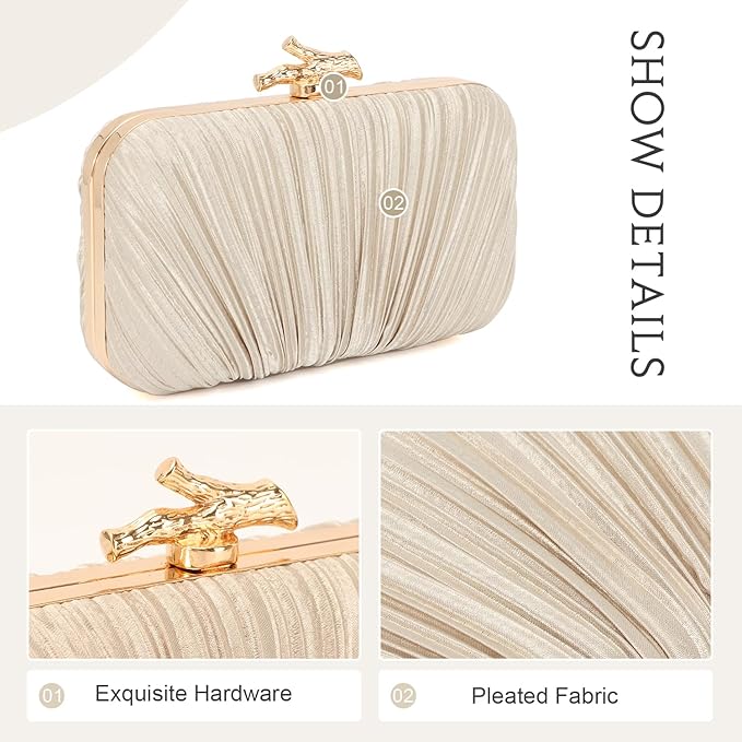 Freie Liebe Clutch Purses for Women Evening Bag Pleated Clutch Bag with Chain for Wedding Party- GOLD