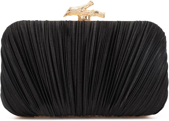 Freie Liebe Clutch Purses for Women Evening Bag Pleated Clutch Bag with Chain for Wedding Party- BLACK