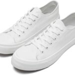 Womens Canvas Shoes Low Top Sneakers Lace Up Canvas Shoes- WHITE