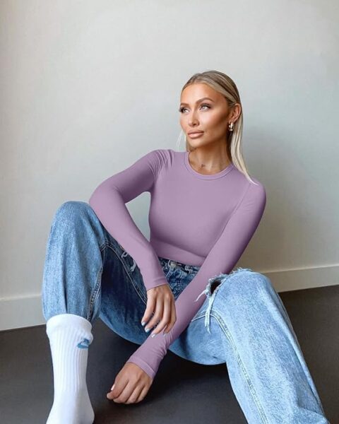 OQQ Womens 3 Piece Long Sleeve Tops Crew Neck Stretch Fitted Underscrubs Layer Tee Shirts Tops - Image 3