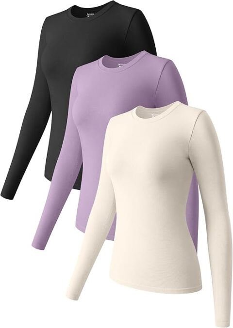 OQQ Womens 3 Piece Long Sleeve Tops Crew Neck Stretch Fitted Underscrubs Layer Tee Shirts Tops - Image 2