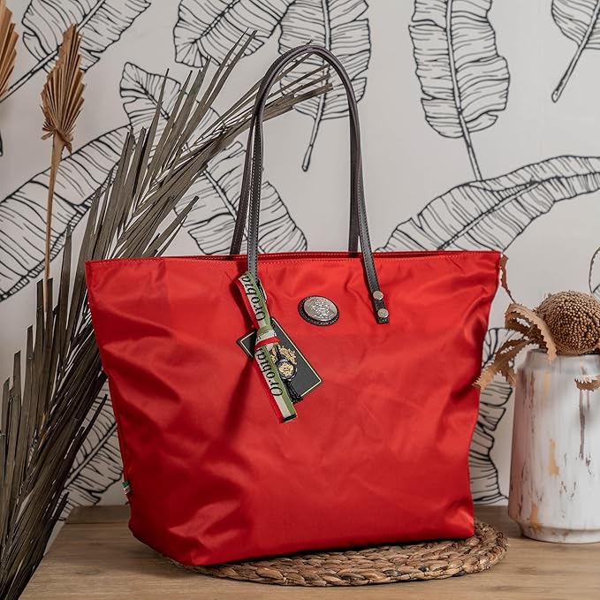 Orobianco Barrady Tote Bag – Red Nylon/Brown Leather